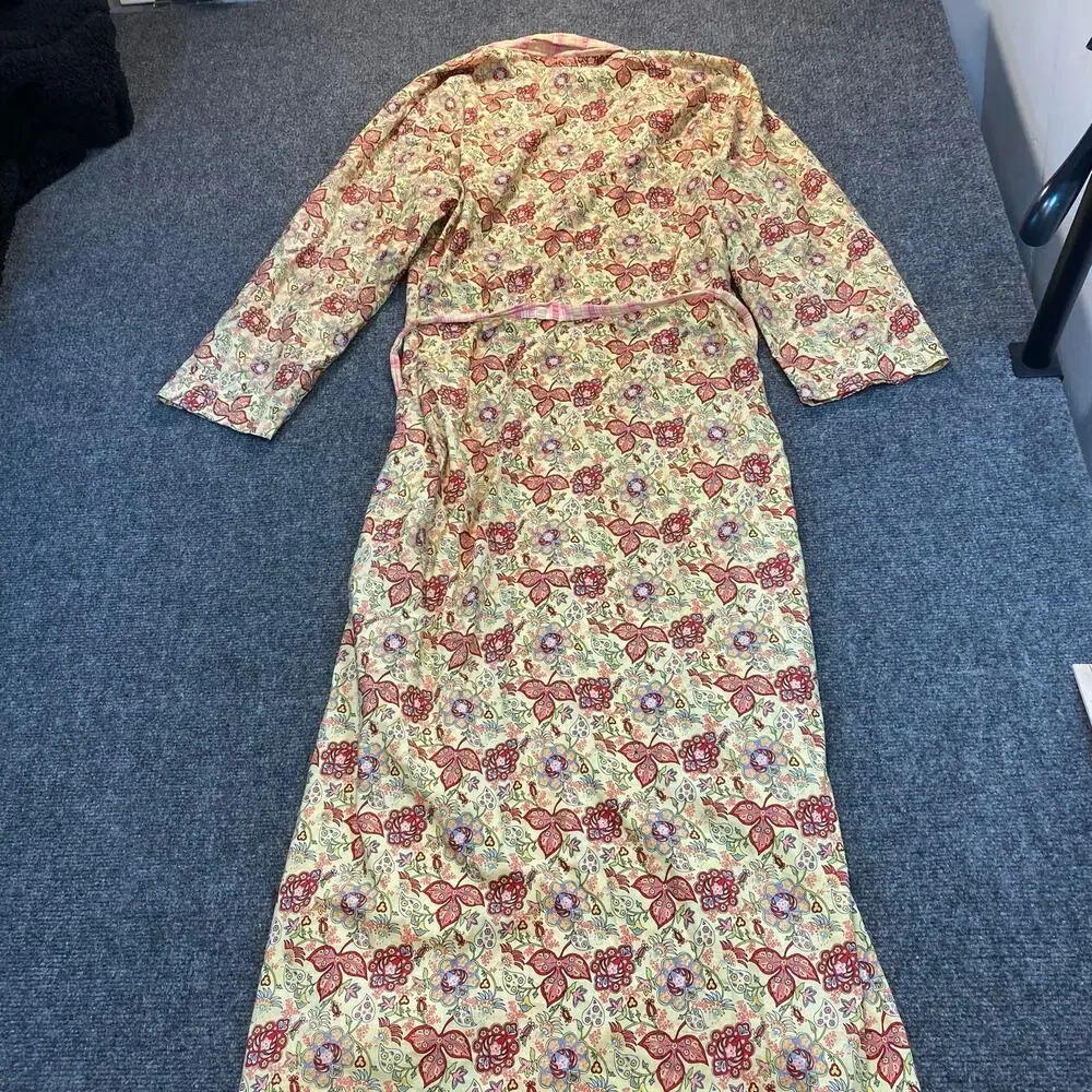 Vintage Boudoir Bebe Womens XL Pink Cream Red Floral Sleepwear Long Cotton Robe